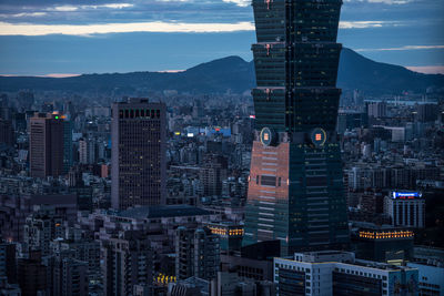 High angle view of city at night