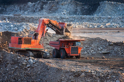 High angle view of trucks at construction site