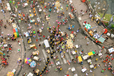 High angle view of people walking on street