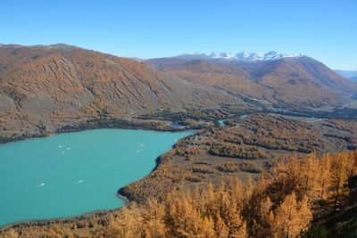 Scenic view of lake and mountains against clear blue sky