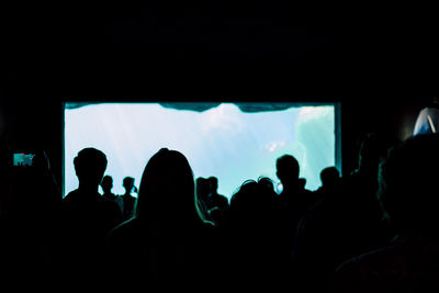 Silhouette of people in front of large blue aquarium window