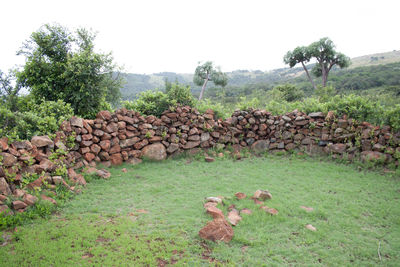 Stack of stones on field