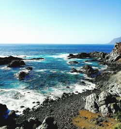 Scenic view of sea against clear blue sky