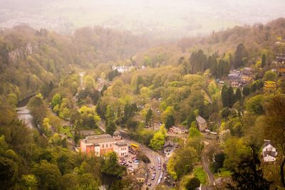 High angle view of trees and cityscape against sky