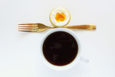 Directly above shot of coffee on table against white background