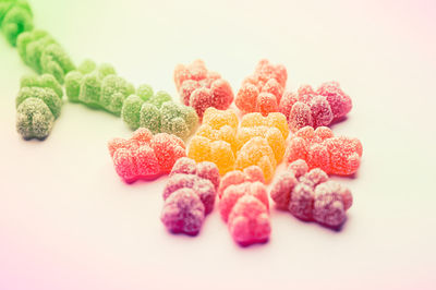 Close-up of gummy bear candy on white background