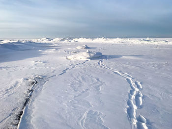 Snow covered landscape against sky