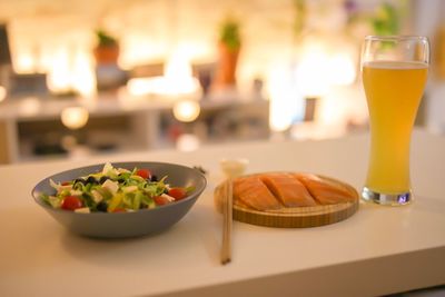 Close-up of food served on table