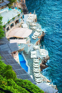 High angle view of boats in sea