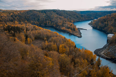 High angle view of river amidst trees during autumn