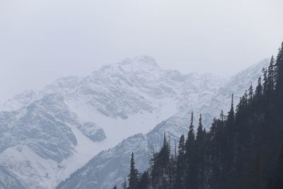 Scenic view of snowcapped mountains against clear sky