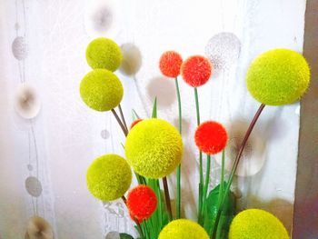 High angle view of multi colored balls on table