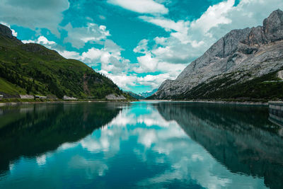 Scenic view of lake and mountains against sky