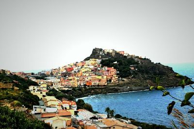 High angle view of town by sea