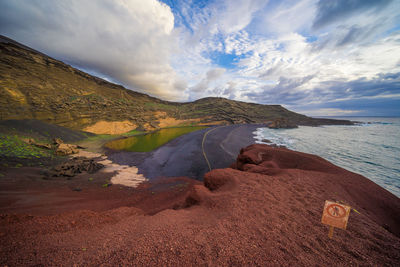 Scenic view of sea and mountains against sky