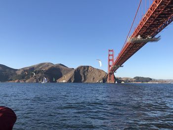 Scenic view of bay against clear blue sky