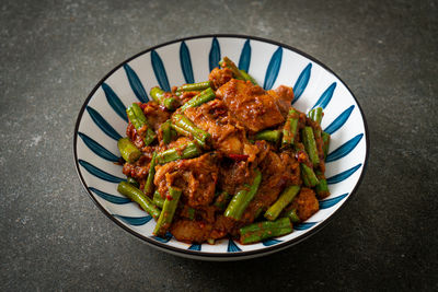 High angle view of food in plate on table