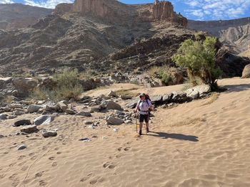 Rear view of woman walking on rocky mountain