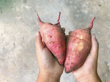 Close-up of hand holding strawberries