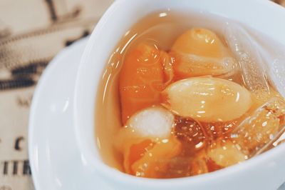 High angle view of soup in bowl on table