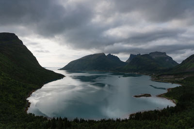 Panoramic view of lake and mountains against sky