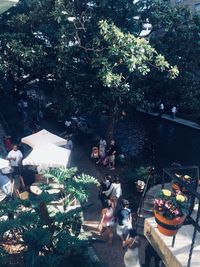 High angle view of people in yard