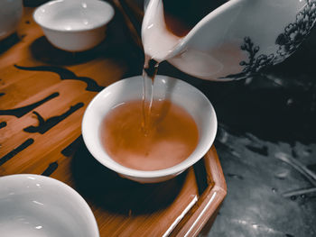 High angle view of tea served on table