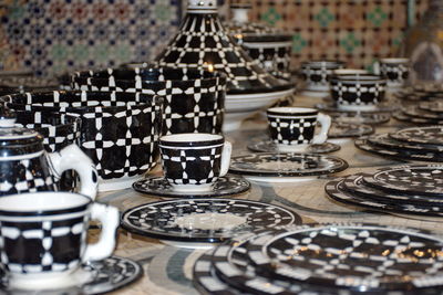 Closeup of black and white ceramic tea cups