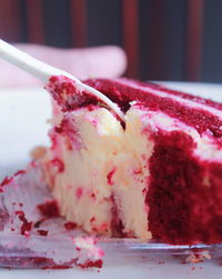 Close-up of red velvet cake in plate