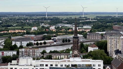 High angle view of bremerhaven townscape from atlantic hotel sail city panorama terrace against sky