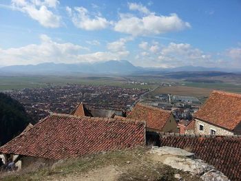 High angle view of houses against sky