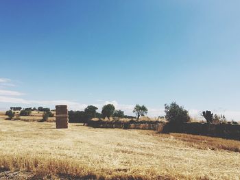 Hay bales on field against clear sky