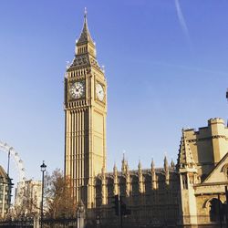 Low angle view of clock tower against clear sky