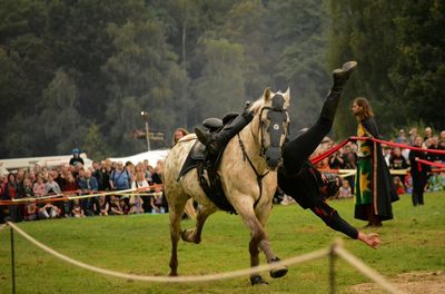 Man riding horse on field