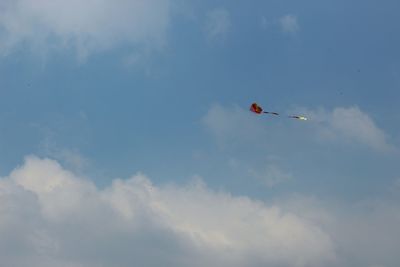 Low angle view of person paragliding against sky