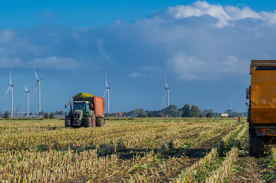 Tractor and corn chopper during corn harvest