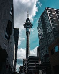 Low angle view of buildings against cloudy sky