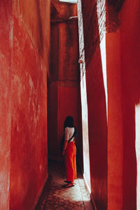 Rear view of man standing against red wall