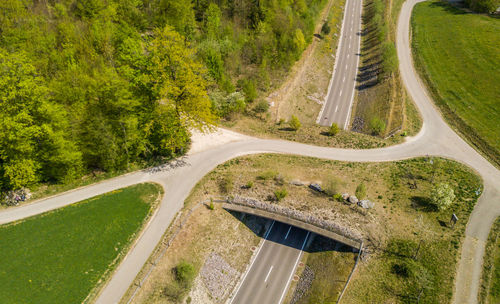 High angle view of highway amidst trees