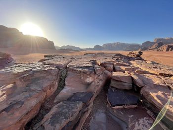 Panoramic view of rocky mountains against clear sky in wadi rumm