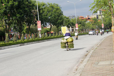 Rear view of people riding motorcycle on road