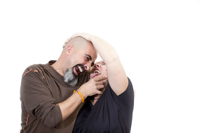 Midsection of man against white background