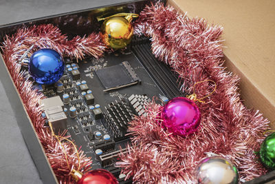 Directly above shot of christmas decorations on table