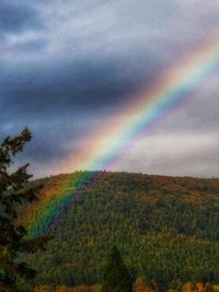 Scenic view of rainbow over landscape against sky