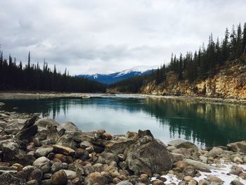 Scenic view of lake against cloudy sky