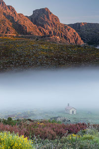 Scenic view of foggy morning against mountain