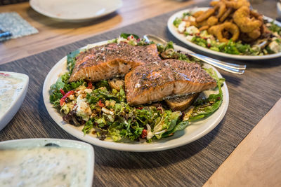 High angle view of food served on table