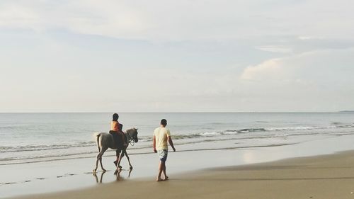 People with horse walking at beach against sky