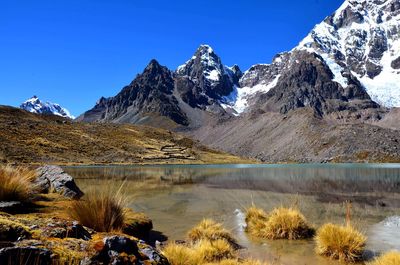 Scenic view of snowcapped mountains against clear sky