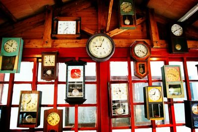 Close-up of vintage clock on white wall